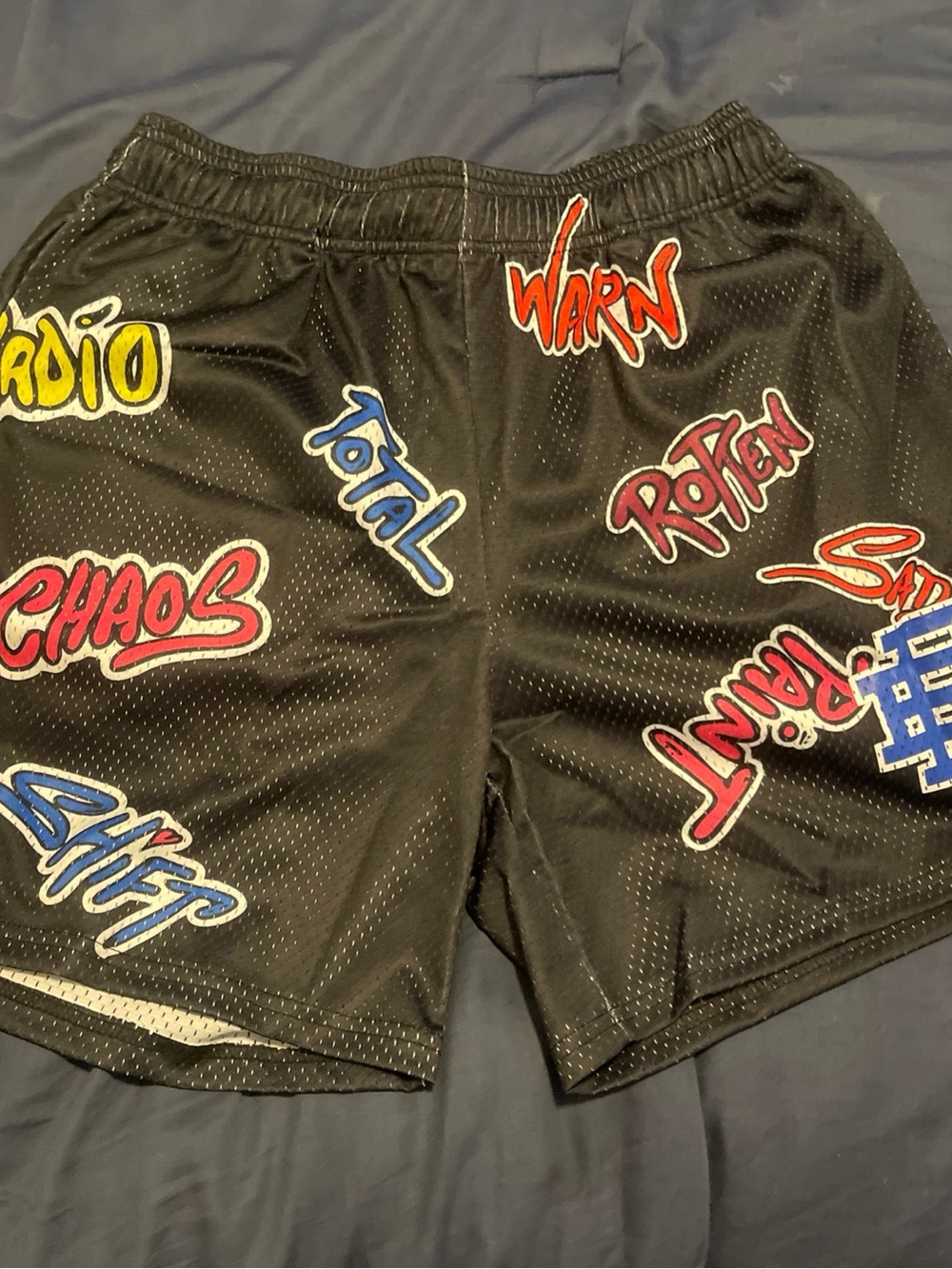 Matty Boy x Eric Emanuel Black Mesh Shorts with Multicolor Graffiti Patches